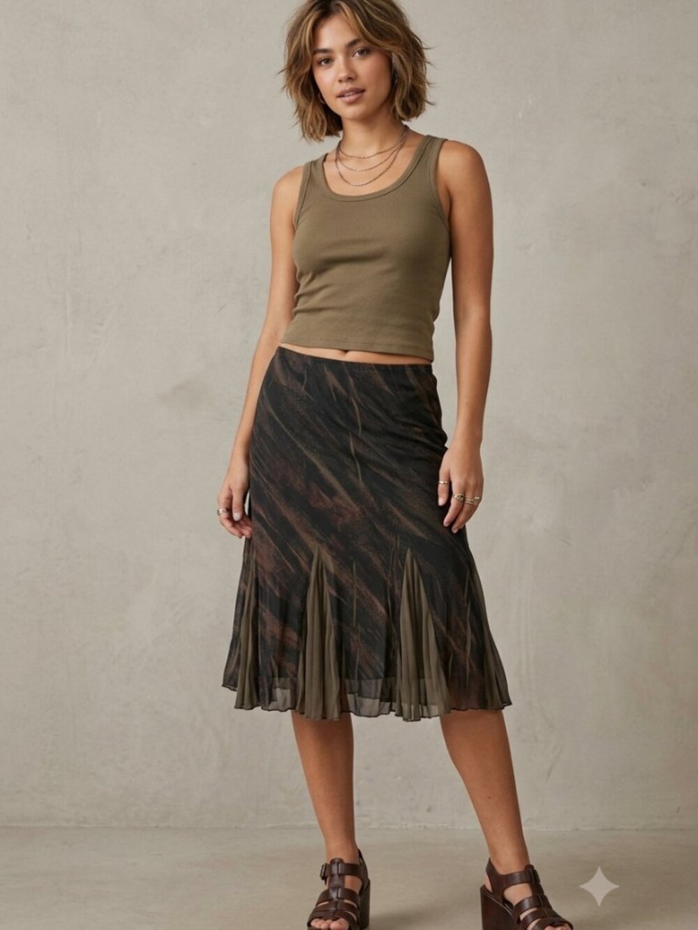 Coldwater Creek Vintage Women's S (6-8) Olive Green Print Mesh Y2K Midi Skirt